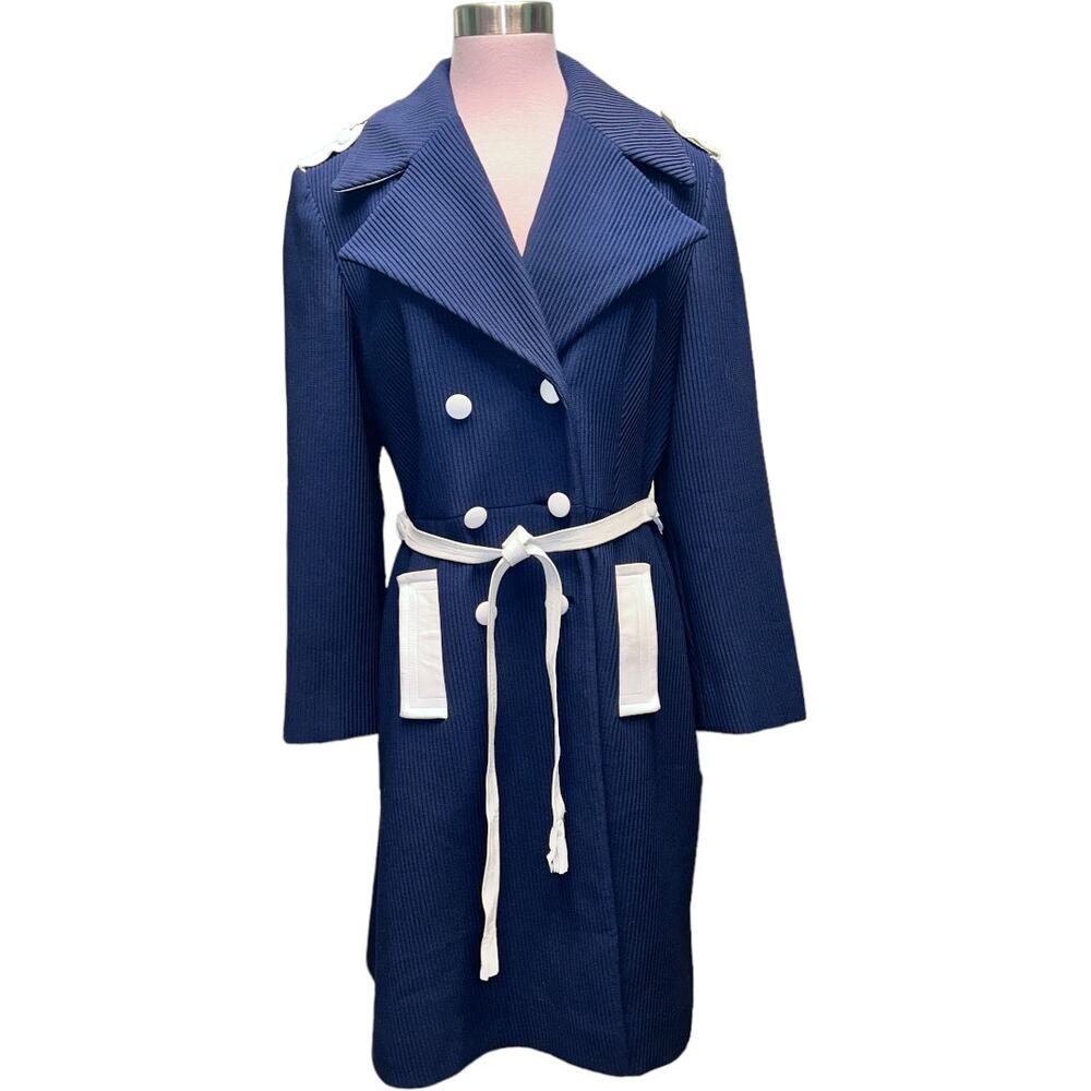Vintage Lilli Ann Dark Royal Blue / White Leather Accents Dress Coat Fits M or L